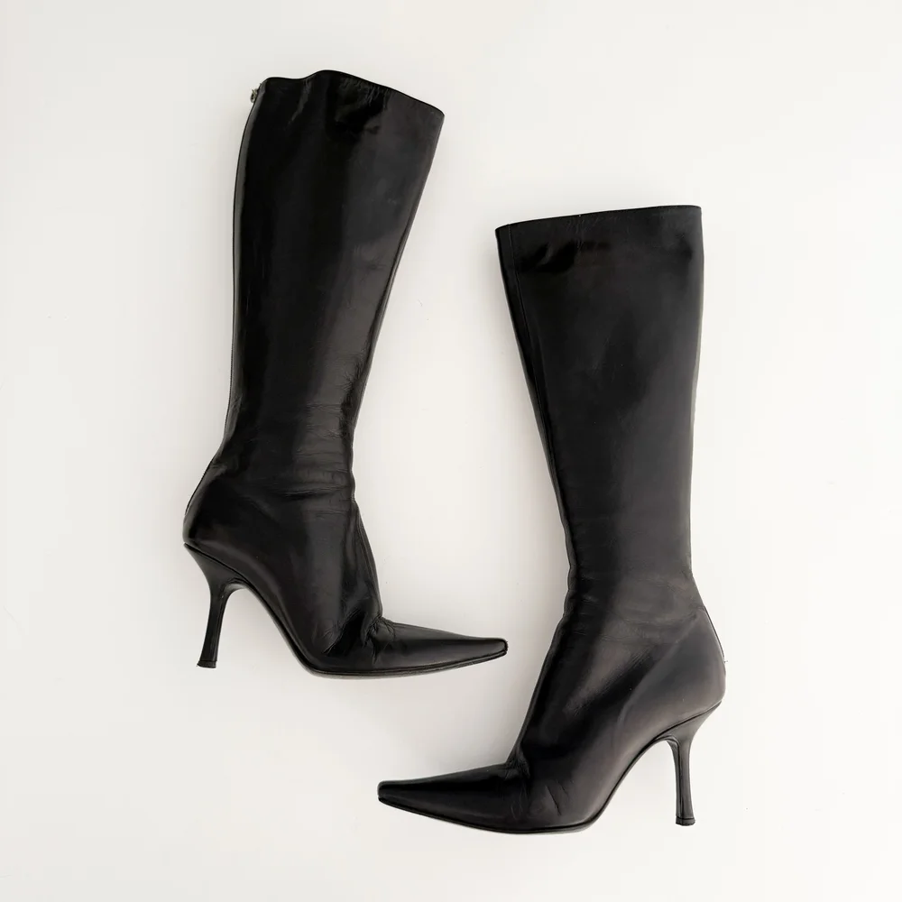 Jimmy Choo Classic Black Italian Leather Knee High Boot Heels (IT